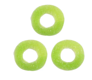 Green and white sugar-coated apple ring sweets with a tangy flavour