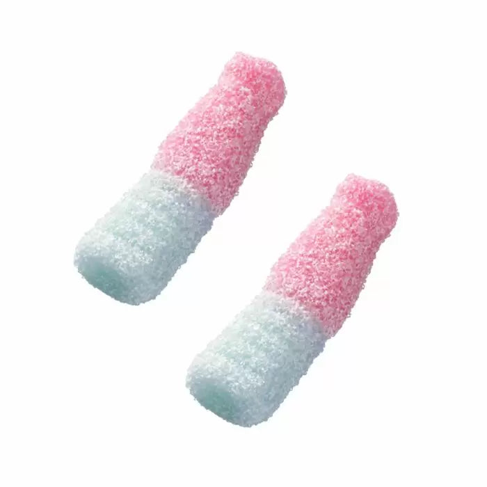 Fizzy bottle-shaped sweets with bubblegum flavour coating
