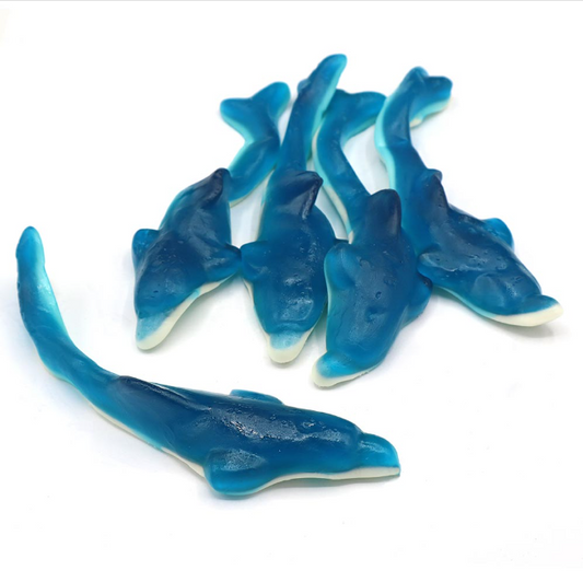 Blue and white giant dolphin-shaped jelly sweets