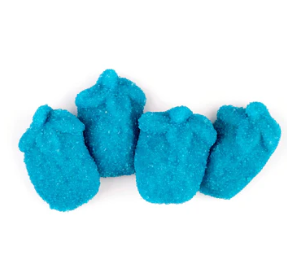 Large pink and blue raspberry foam sweets with chewy texture