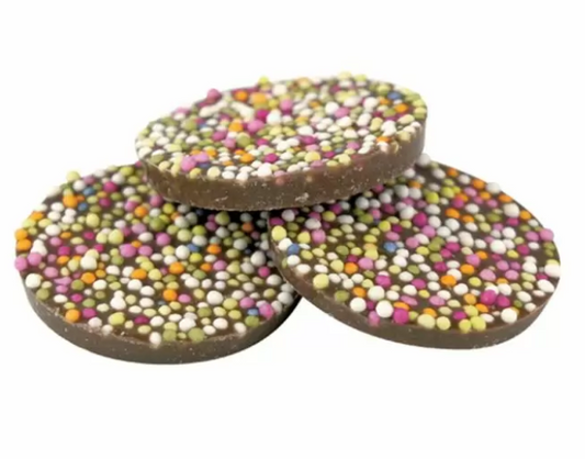 giant jazzie disc made from milk chocolate with sprinkles