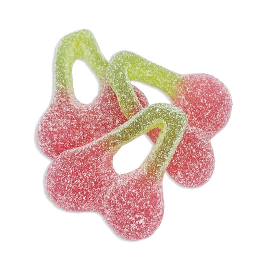 Red Haribo Fizzy Cherries coated in sugar, perfect for pick and mix or sweet cones
