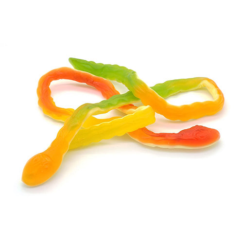 Colourful Haribo Yellow Bellies jelly snakes with foamy bellies and fruity jelly tops, perfect for pick and mix