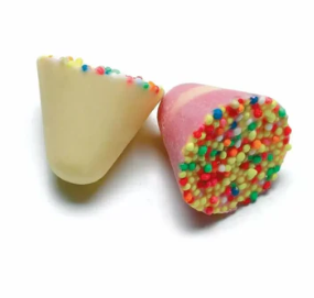 pink and white chocolate shaped cones with sprinkles on top
