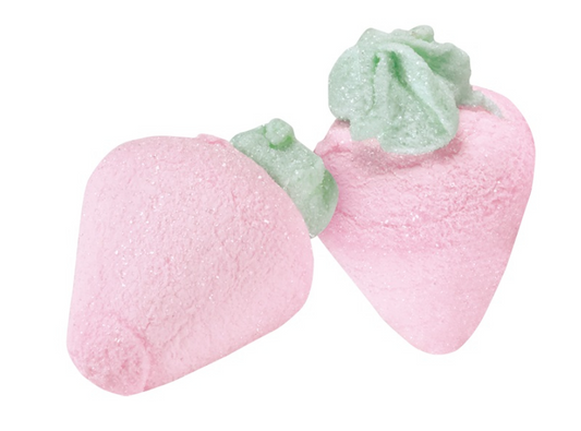 Pink strawberry-shaped marshmallow sweets with juicy jelly filling