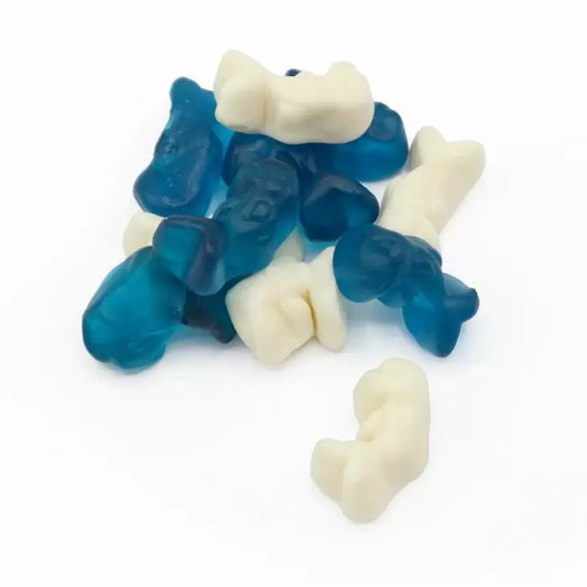 Blue and white jelly sweets shaped like dolphins