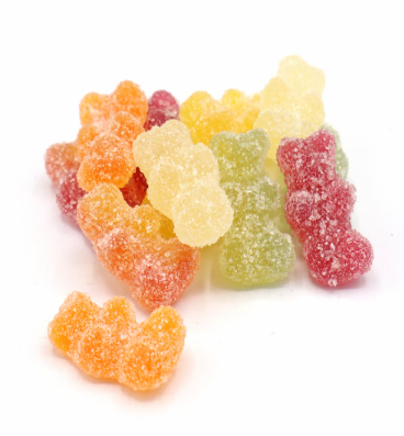 Brightly coloured mini fizzy bear sweets with a sugar-coated finish, in tangy fruit flavours