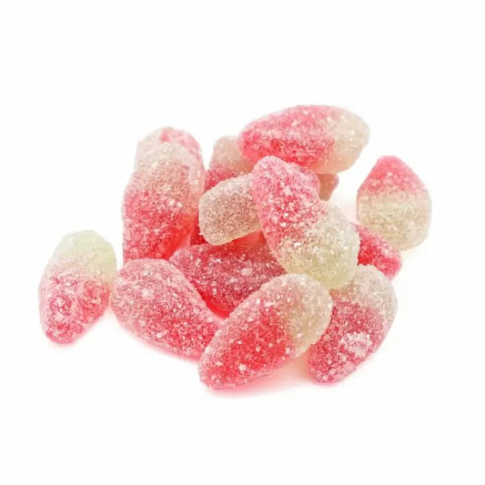 Small red and green fizzy strawberry sweets with sugar coating