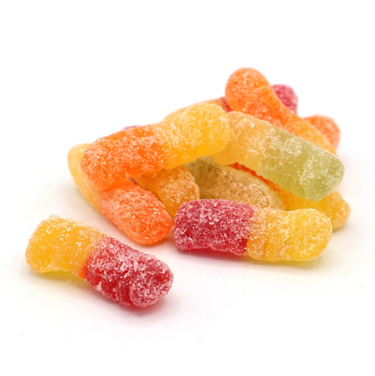 Mini fizzy gummy worms in bright colours, coated with tangy sugar crystals