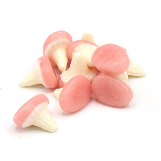 Soft and squishy pink and white mini mushroom sweets, perfect for pick and mix