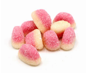 Soft pink and white mini strawberry sweets with a creamy foam base