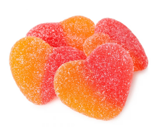 Heart-shaped jelly sweets with a peach flavour, sugar-coated and dual-toned in orange and yellow