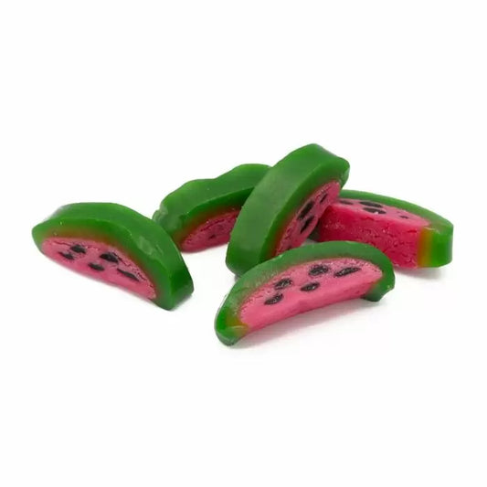 Colourful watermelon slice shaped sweets with pink and green layers