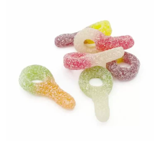 Colourful dummy-shaped jelly sweets dusted in fizzy sugar