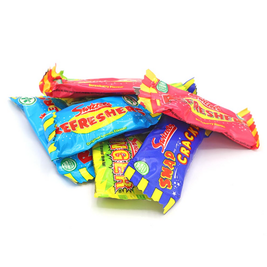 Colourful selection of Swizzels Mini Me Bars in wrappers, assorted flavours