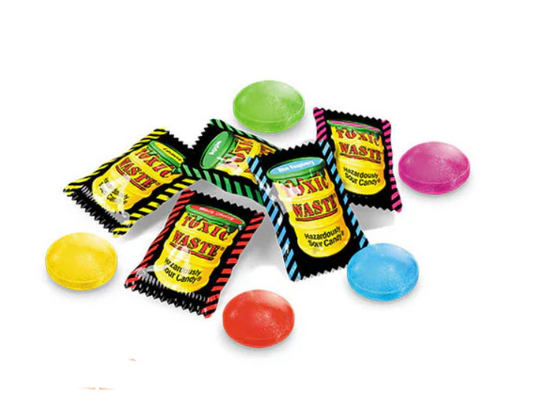 Assorted Toxic Waste sour sweets in colourful hazard-style wrappers