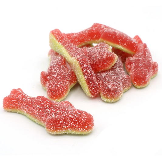 Watermelon shark-shaped gummy sweets in green and red with a fruity flavour and soft chewy bite